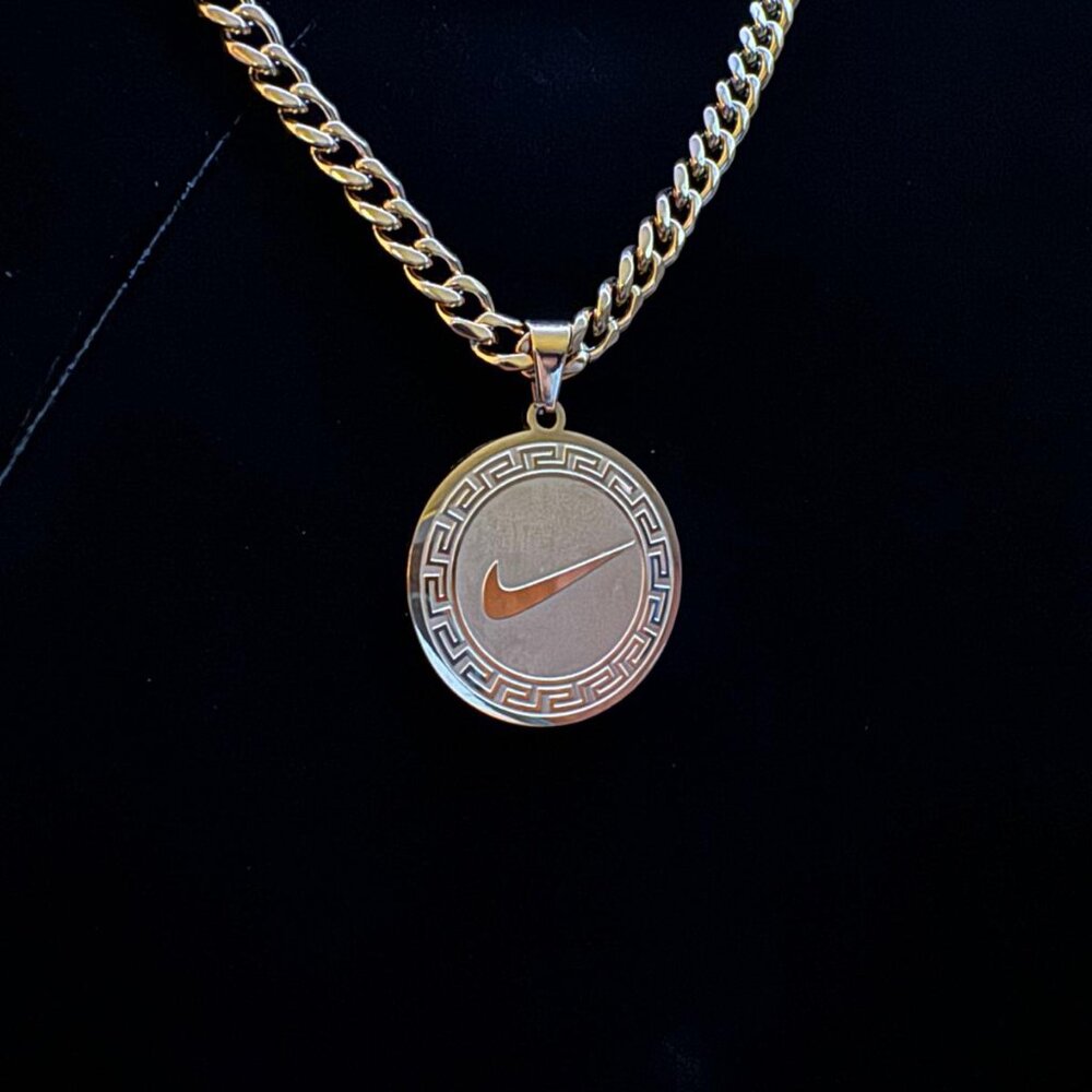 Nike Circle Pattern Pendant Necklace - 5mm Cuban - 22" Gold Chain - Christmas - Picture 2 of 2